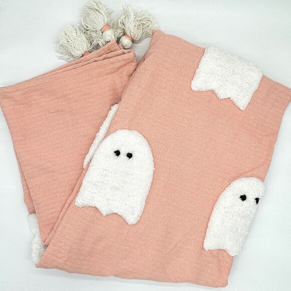 Rachel Zoe Coral Pink Tufted Ghost Throw Blanket With Tassels Halloween NEW - Picture 1 of 5
